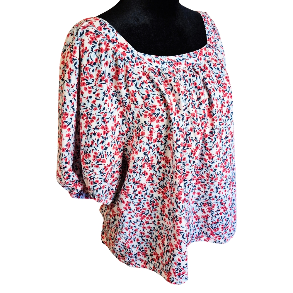 GAP Floral Peasant Blouse XL Puff Sleeve Square Neck Top